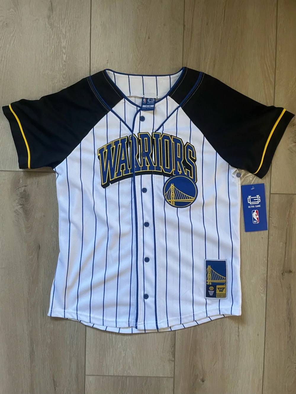 NBA Golden State Warriors White and Blue Pinstripe Jersey with Black Sleeves
